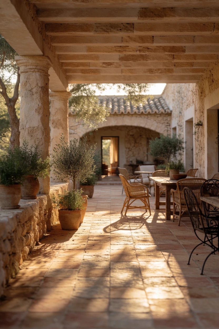 Stone courtyard at golden hour